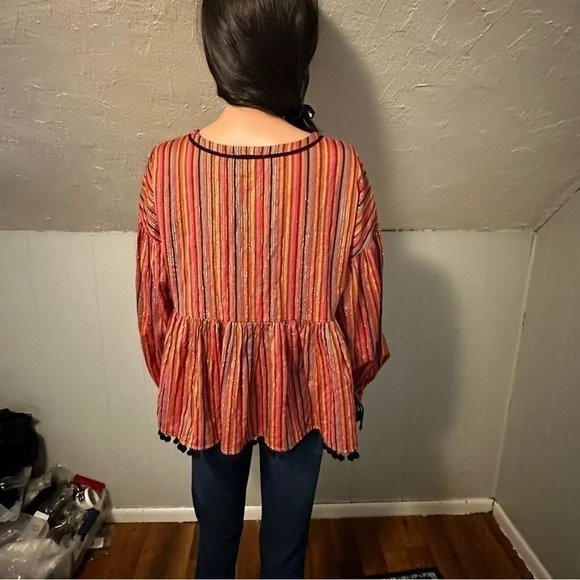 Amaryllis Metallic Stripe Pom Pom Boho Peasant Blouse Size Small - Picture 5 of 9